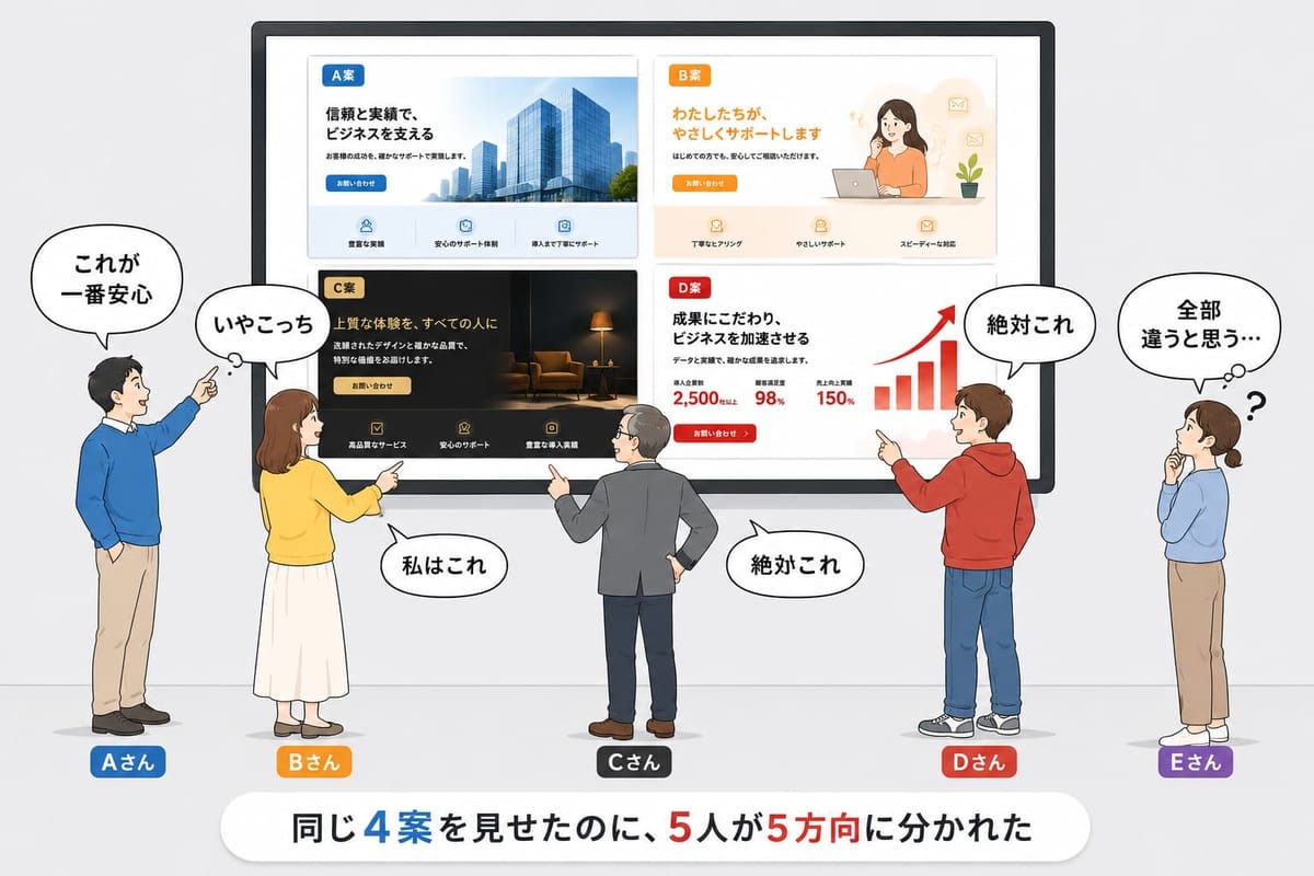 「同じ4案を見せたのに、5人が5方向に分かれた」。AさんからDさんはそれぞれ別の案を指さし、Eさんは「全部違うと思う…」と悩んでいる図